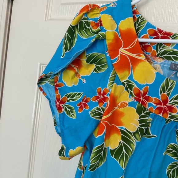 Y Not Hawaii Short Sleeve Floral Print Dress Size XL Blue Yellow Orange Green - Picture 4 of 5